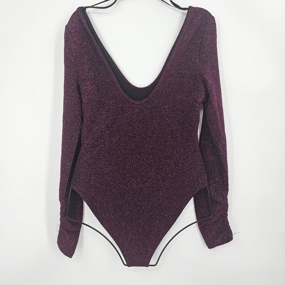 Zara Shimmer Knit Bodysuit Scoop Neckline Ruched Sleeves Magenta Size S